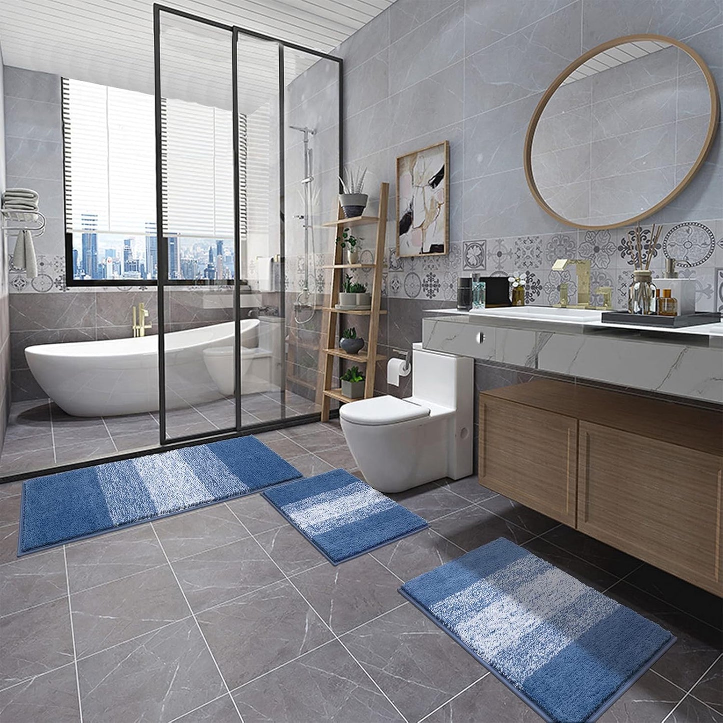 3 Piece Bathroom Mats Set, Non Slip Shaggy Microfiber Bath Shower Rugs Set, Plush Absorbent Washable Striped Bath Rugs Runner for Bathroom, Tub and Shower (18''X26''+20''X32''+18''X48'', Blue)