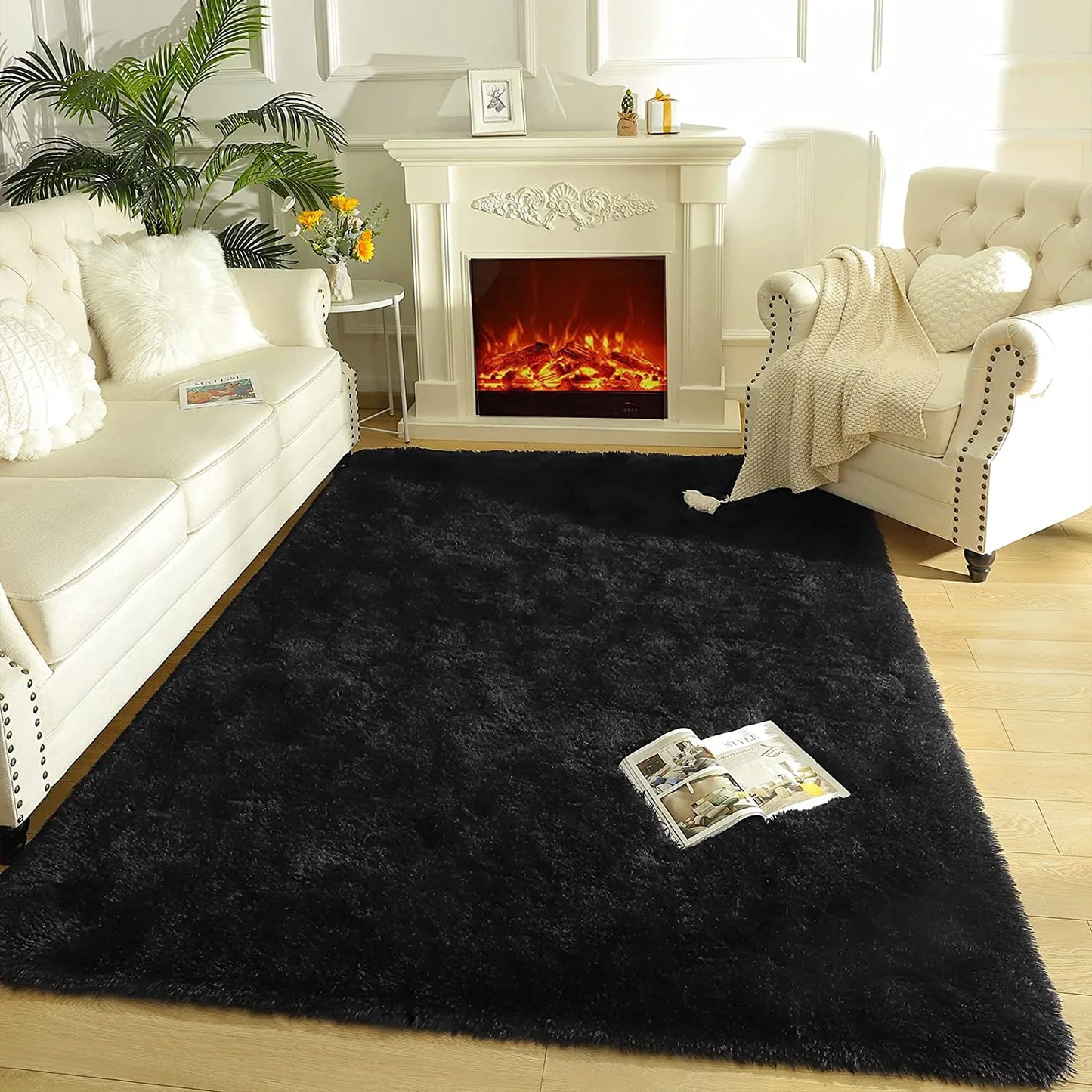 Soft Fluffy Area Rugs for Bedroom Shaggy Living Room Rug Carpets for Bedroom Home Decor,4'X6',Black