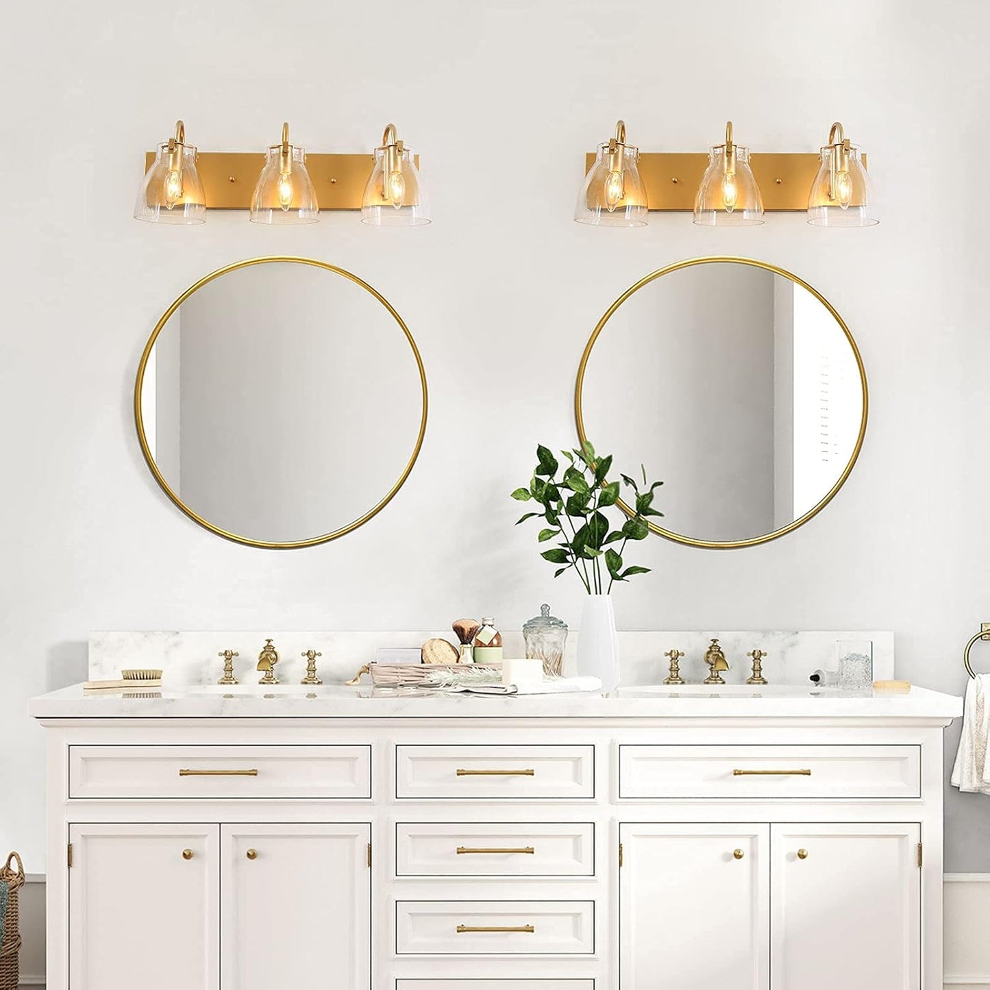 Gold Bathroom Light Fixtures, 3-Light Gold Vanity Lights for Bathroom, Brass Bathroom Vanity Light with Clear Glass Shades, 22 Inches