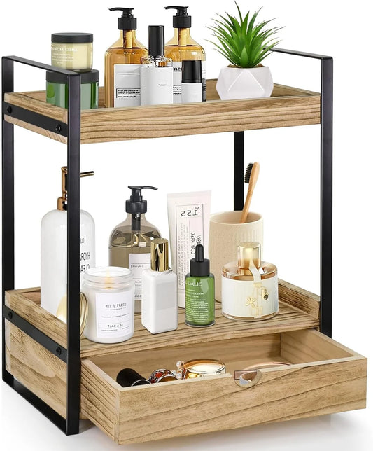 2-Tier Bathroom Organizer Countertop with Drawer, Wood Counter Shelf for Bathroom Storage, Vanity Tray for Bathroom Organization and Decor, Countertop Organizer for Bathroom, Kitchen, Office (Brown)