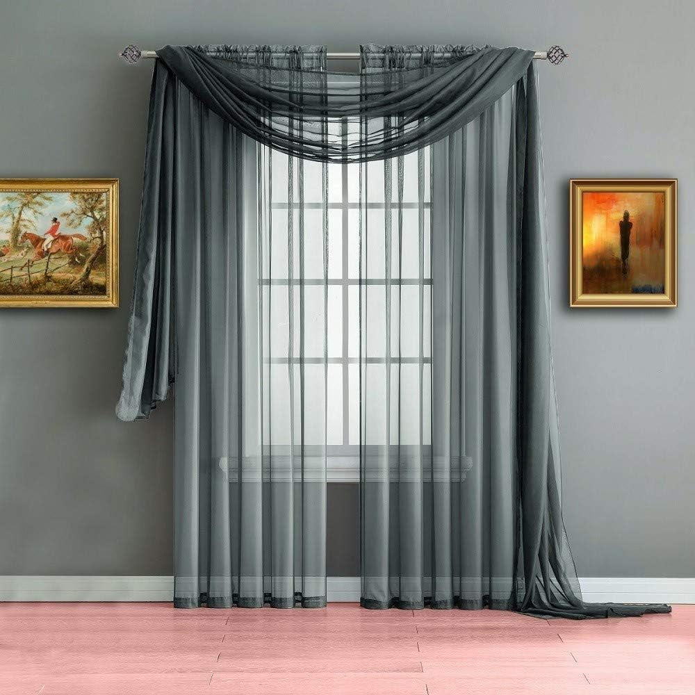 Pair of Extra Long Length Charcoal Olive Sheer Window Curtains. Each Voile Drape Is 56 X 108 Inches. AM Charcoal Olive 108"