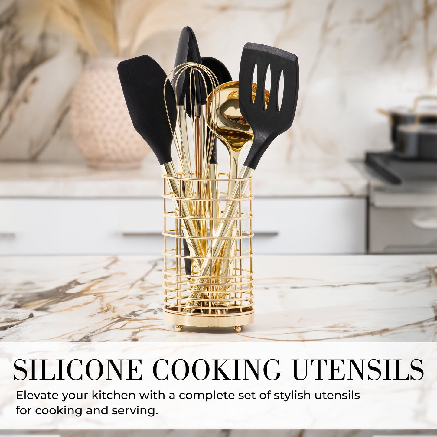 Black and Gold Kitchen Utensils Set - 23 Piece Luxe Black and Gold Kitchen Accessories Include Gold Measuring Cups and Spoons, Silicone Cooking Utensils, and Gold Kitchen Tools
