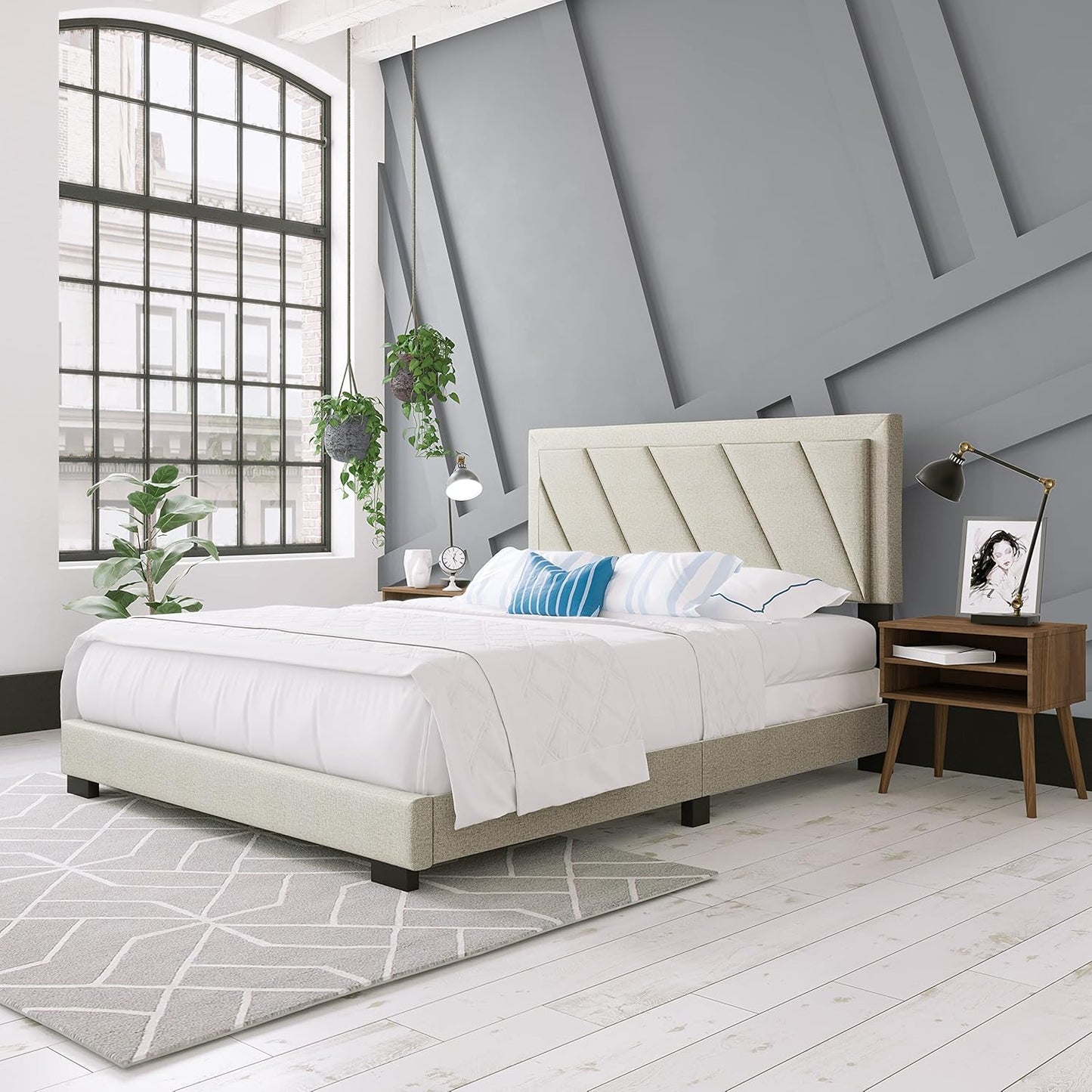 Diagonal King Size, White Linen Upholstered Platform Bed with Adjustable Headboard - Qualified Box Spring or Foundation Required for Use