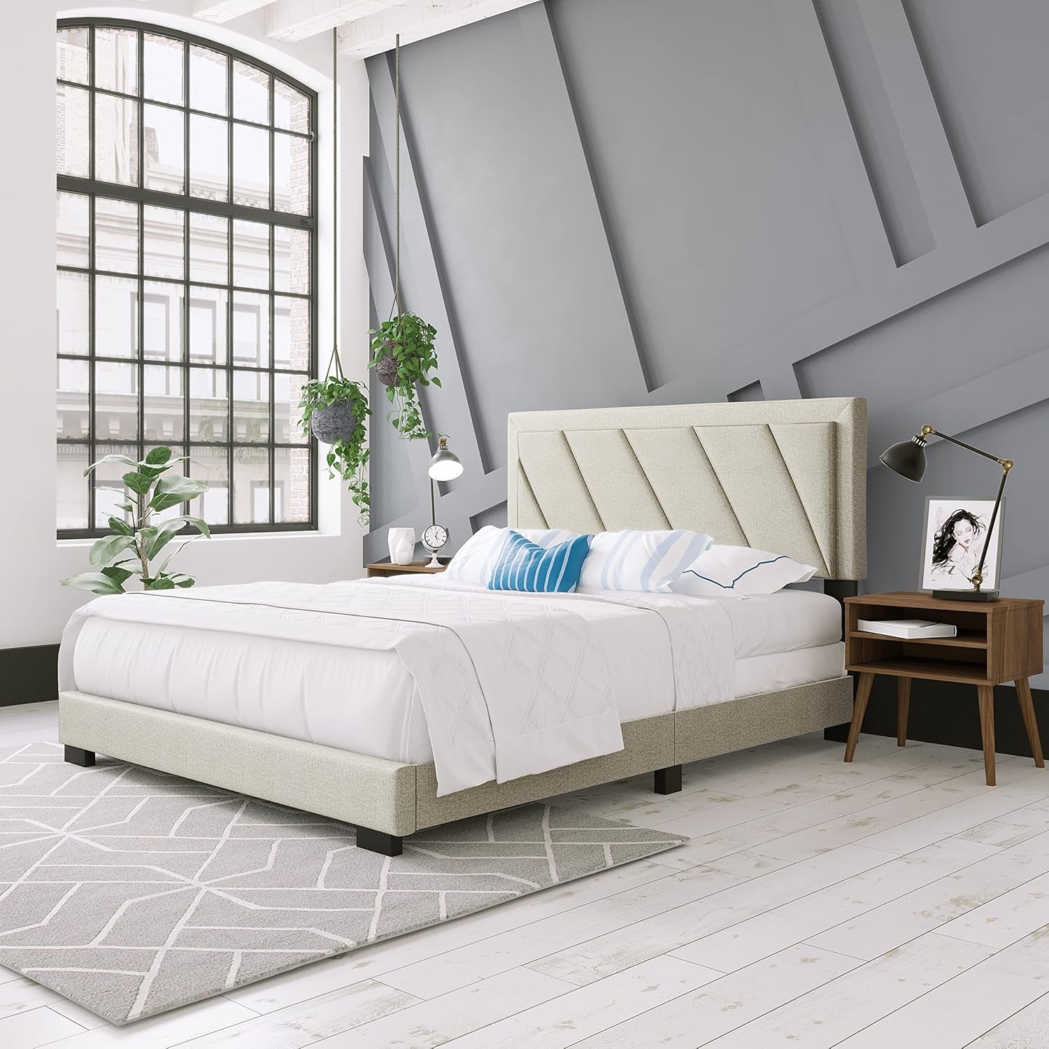 Diagonal King Size, White Linen Upholstered Platform Bed with Adjustable Headboard - Qualified Box Spring or Foundation Required for Use