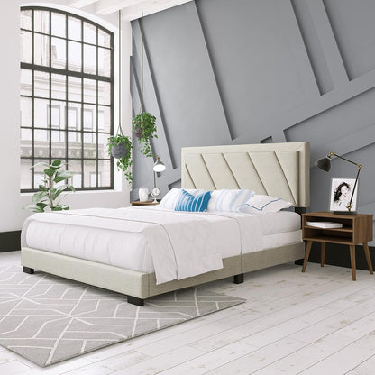 Diagonal King Size, White Linen Upholstered Platform Bed with Adjustable Headboard - Qualified Box Spring or Foundation Required for Use