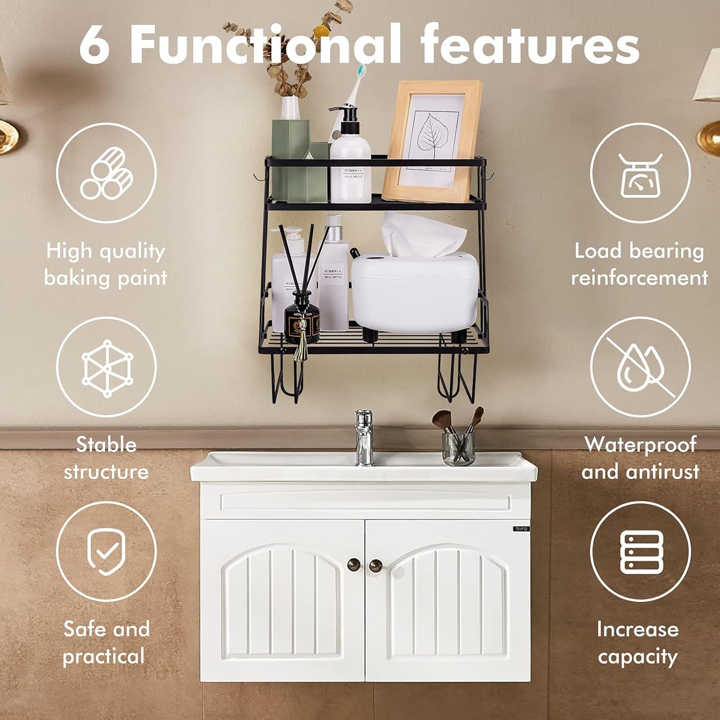 Bathroom over Toilet Storage Shelf, Bathroom Storage, 2 Tier Bathroom Organizer with 4 Hanging Hooks, No Drilling Multipurpose for Bathroom Kitchen (Black)