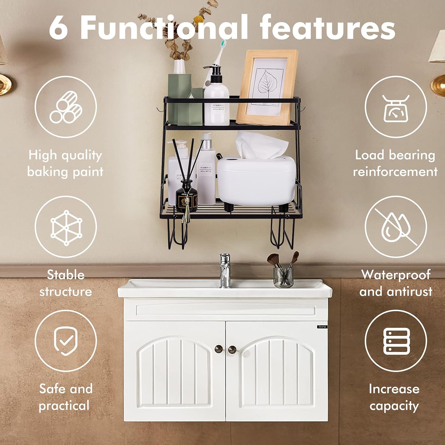 Bathroom over Toilet Storage Shelf, Bathroom Storage, 2 Tier Bathroom Organizer with 4 Hanging Hooks, No Drilling Multipurpose for Bathroom Kitchen (Black)