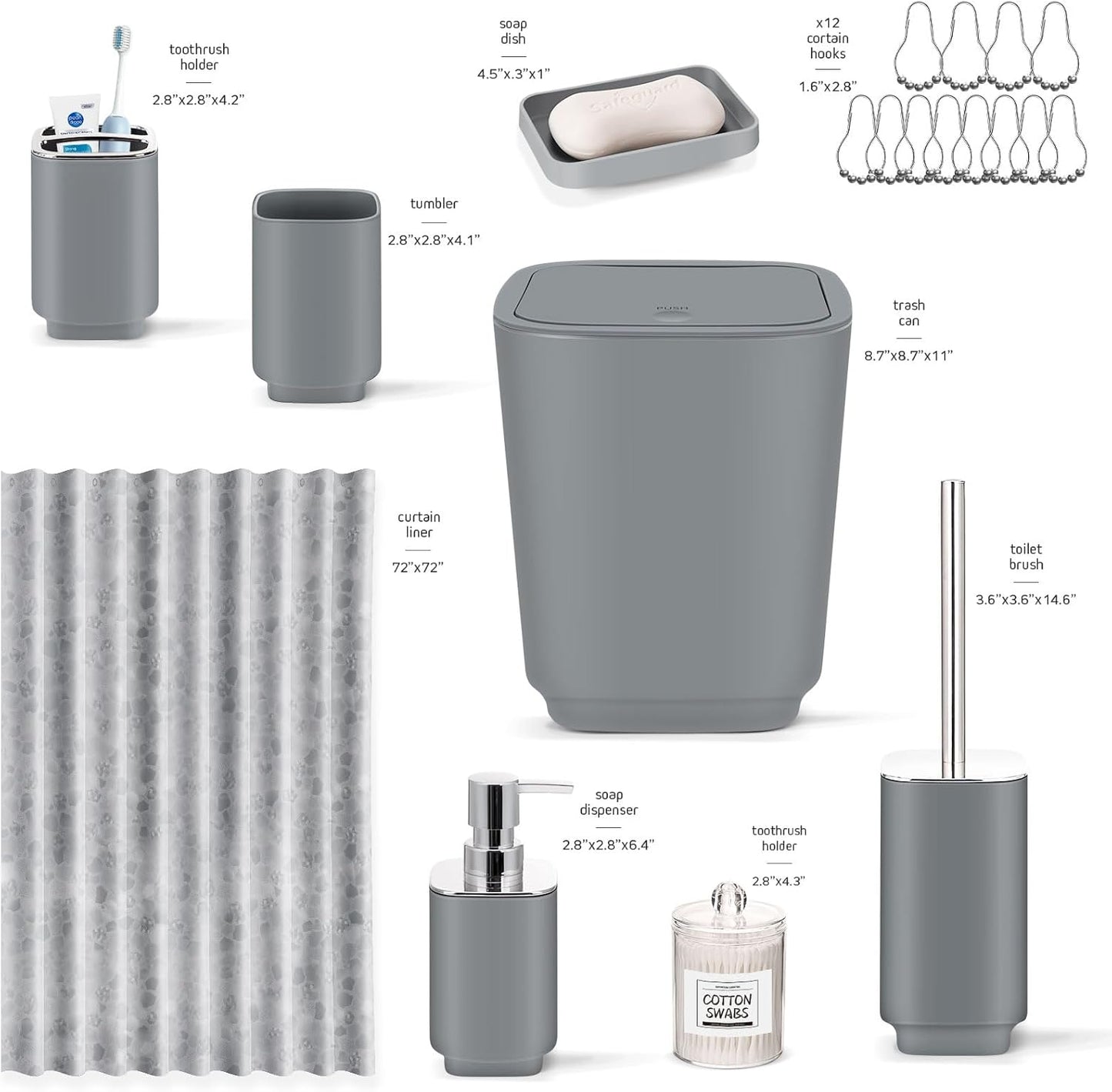Bathroom Set,22 Piece Bathroom Accessories Set,Grey Shower Curtain,Tray,Soap Dispenser,Toothbrush Holder,Cup,Soap Dish,Toilet Brush,Qtip Holders,Trash Can for Bathroom Décor and Housewarming Gifts