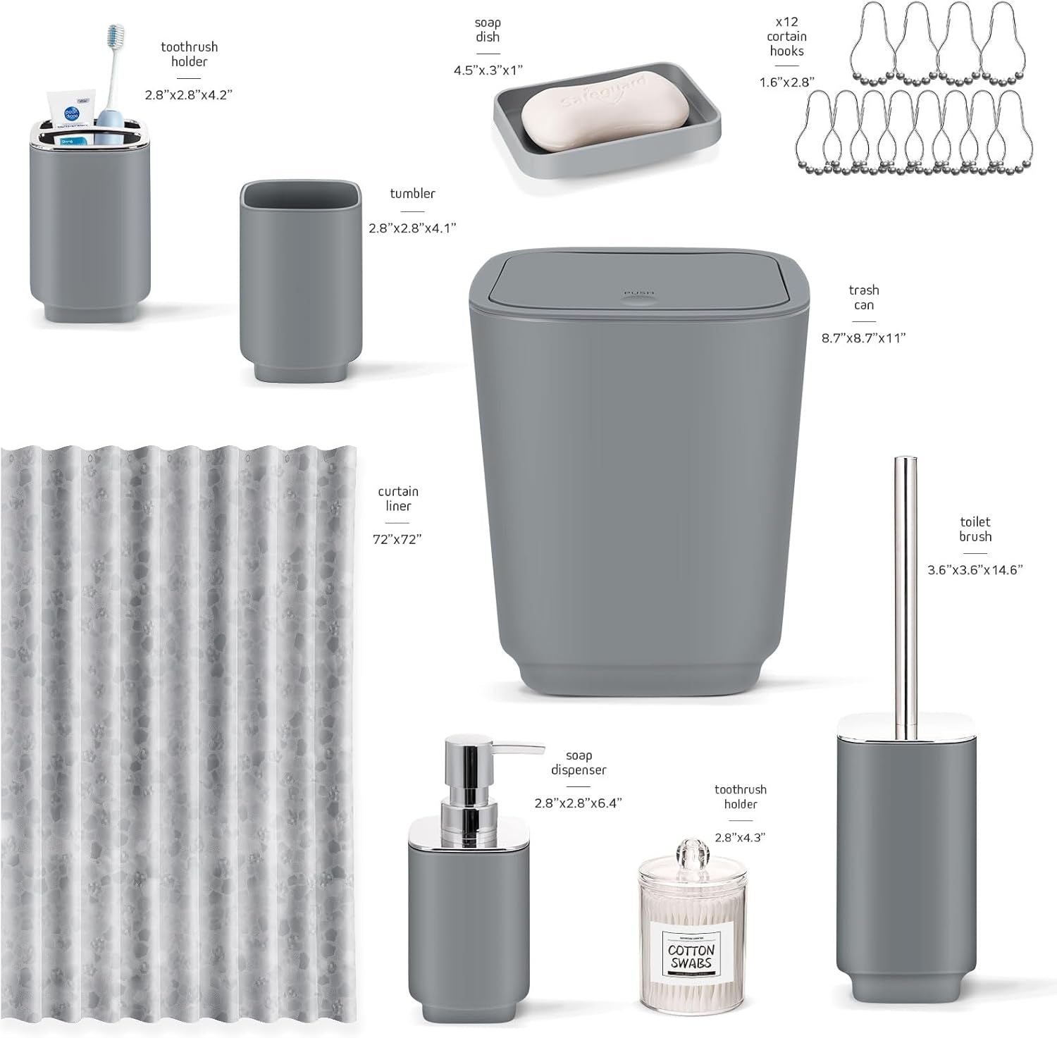 Bathroom Set,22 Piece Bathroom Accessories Set,Grey Shower Curtain,Tray,Soap Dispenser,Toothbrush Holder,Cup,Soap Dish,Toilet Brush,Qtip Holders,Trash Can for Bathroom Décor and Housewarming Gifts