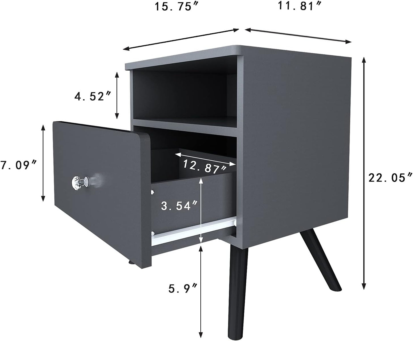 Nightstand Set of 2,Side Table, Bedside Table with Open Compartment, Storage Drawer with 2 Crystal Handles for Bedroom,Home,Dark Grey