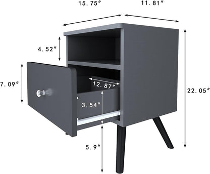 Nightstand Set of 2,Side Table, Bedside Table with Open Compartment, Storage Drawer with 2 Crystal Handles for Bedroom,Home,Dark Grey
