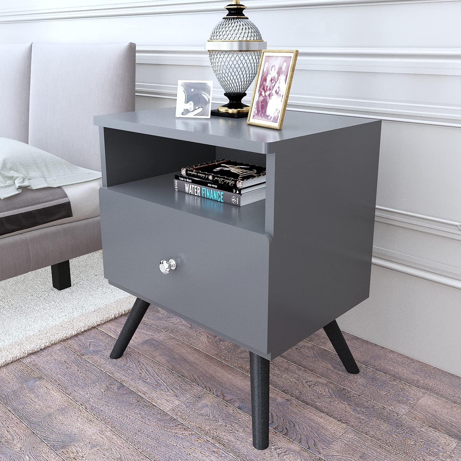Nightstand Set of 2,Side Table, Bedside Table with Open Compartment, Storage Drawer with 2 Crystal Handles for Bedroom,Home,Dark Grey