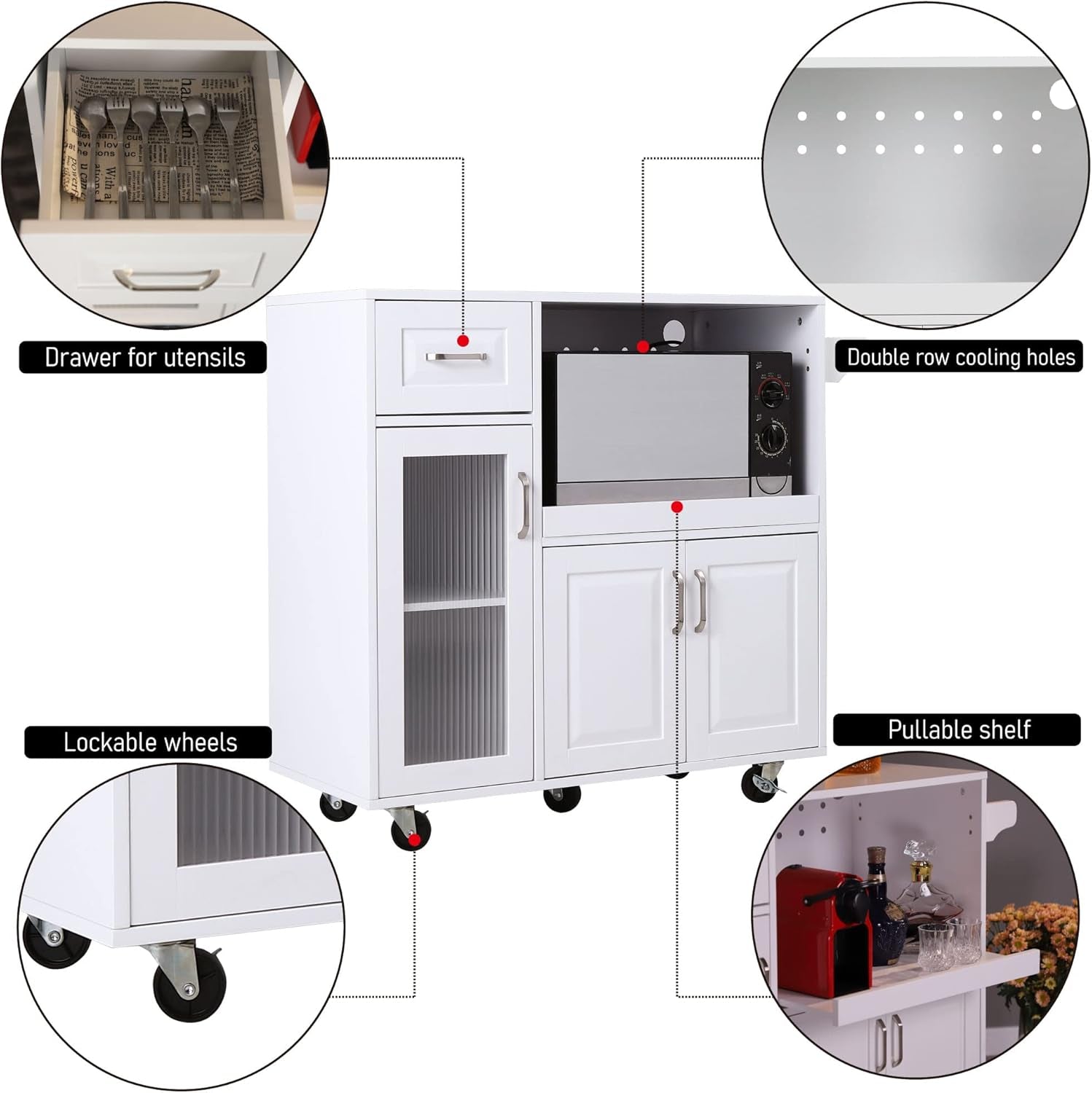 Microwave Stand Cart with Wheels - White Kitchen Island with Microwave Shelf, Rolling Kitchen Cart with Storage