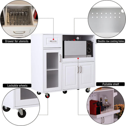 Microwave Stand Cart with Wheels - White Kitchen Island with Microwave Shelf, Rolling Kitchen Cart with Storage