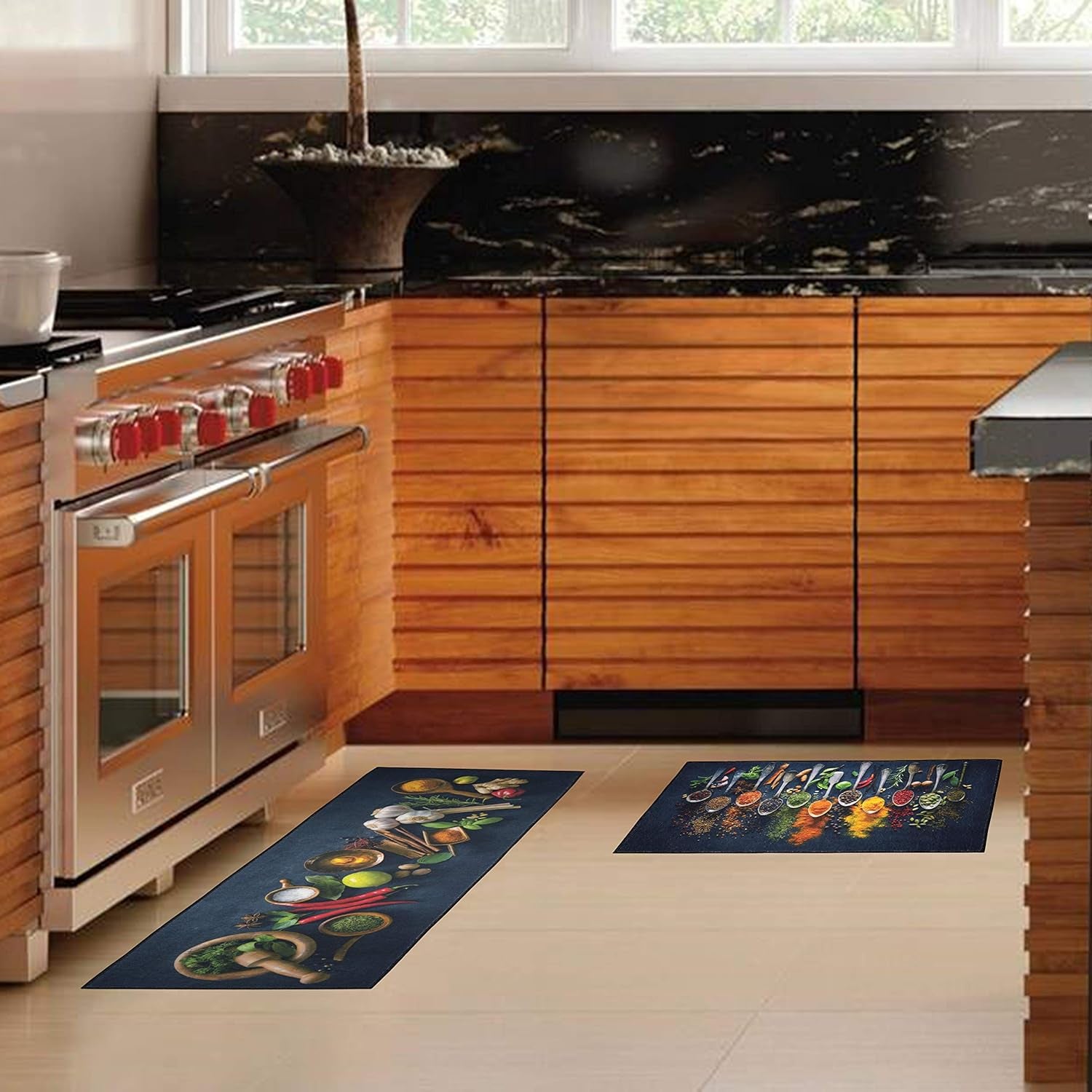 Artistic and Colorful Kitchen Rugs for Floor Non Slip Kitchen Rugs and Mats Kitchen Mat Set Farmhouse Kitchen - Spicy Art - 2 Pieces - 30"X17" + 47”X17