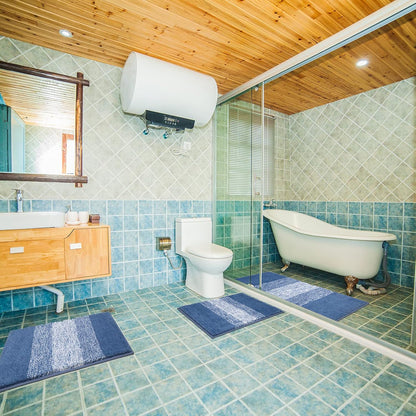3 Piece Bathroom Mats Set, Non Slip Shaggy Microfiber Bath Shower Rugs Set, Plush Absorbent Washable Striped Bath Rugs Runner for Bathroom, Tub and Shower (18''X26''+20''X32''+18''X48'', Blue)