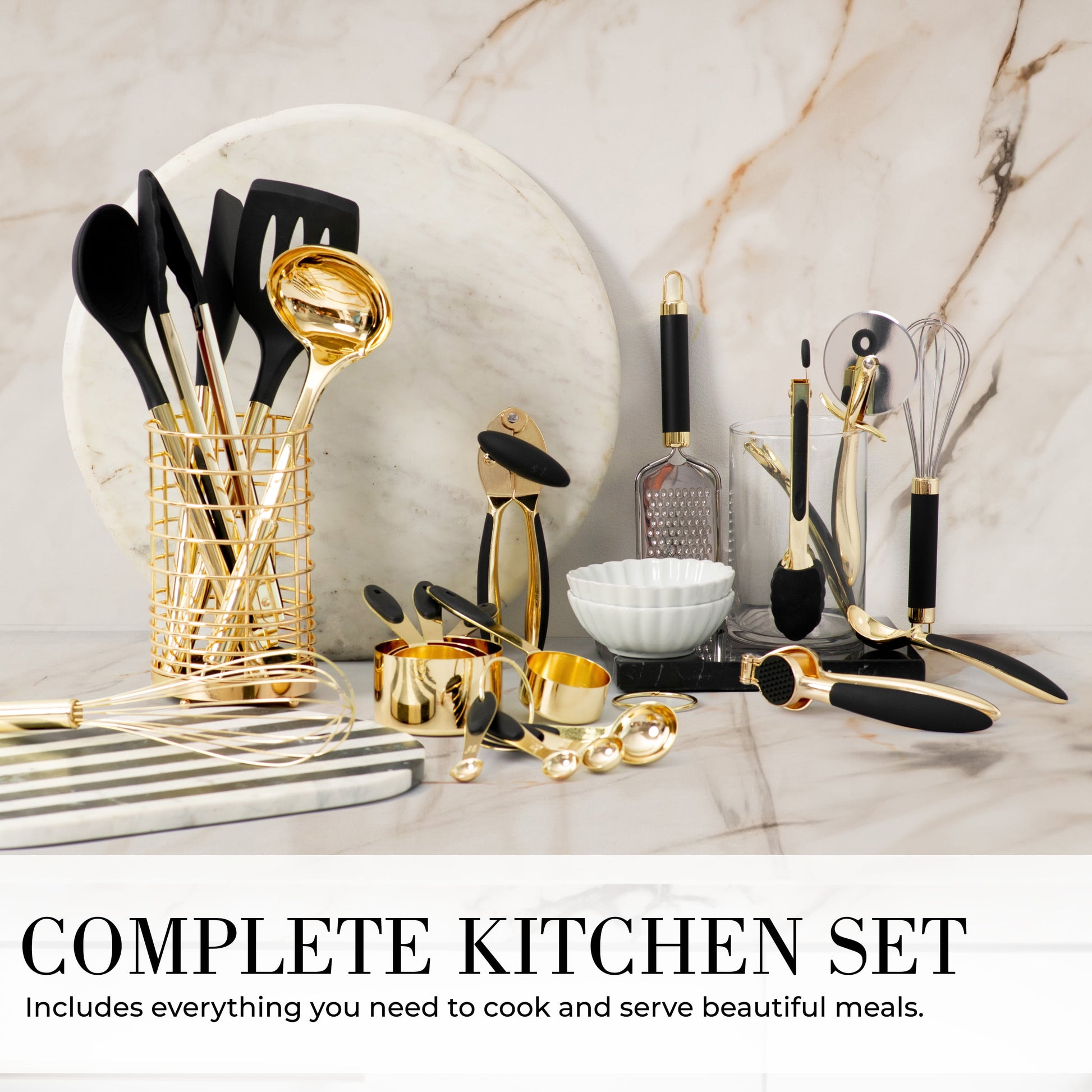 Black and Gold Kitchen Utensils Set - 23 Piece Luxe Black and Gold Kitchen Accessories Include Gold Measuring Cups and Spoons, Silicone Cooking Utensils, and Gold Kitchen Tools