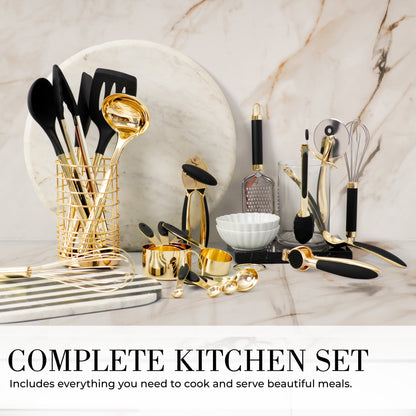 Black and Gold Kitchen Utensils Set - 23 Piece Luxe Black and Gold Kitchen Accessories Include Gold Measuring Cups and Spoons, Silicone Cooking Utensils, and Gold Kitchen Tools