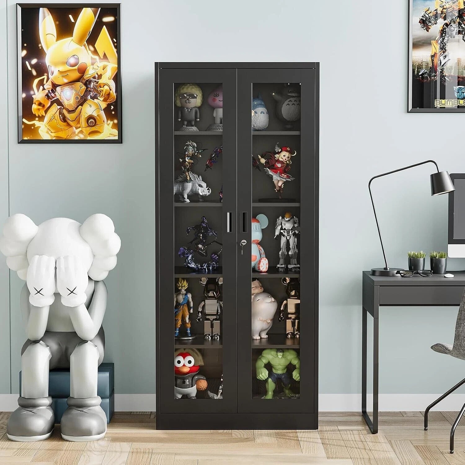 Display Case with Glass Doors, Collectibles 15.8"D X 31.5"W X 71"H Black, Metal