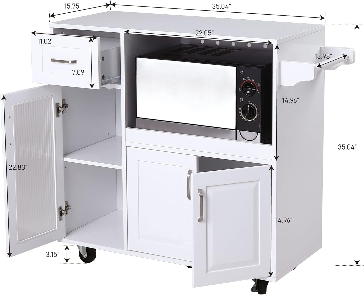 Microwave Stand Cart with Wheels - White Kitchen Island with Microwave Shelf, Rolling Kitchen Cart with Storage