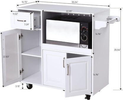 Microwave Stand Cart with Wheels - White Kitchen Island with Microwave Shelf, Rolling Kitchen Cart with Storage