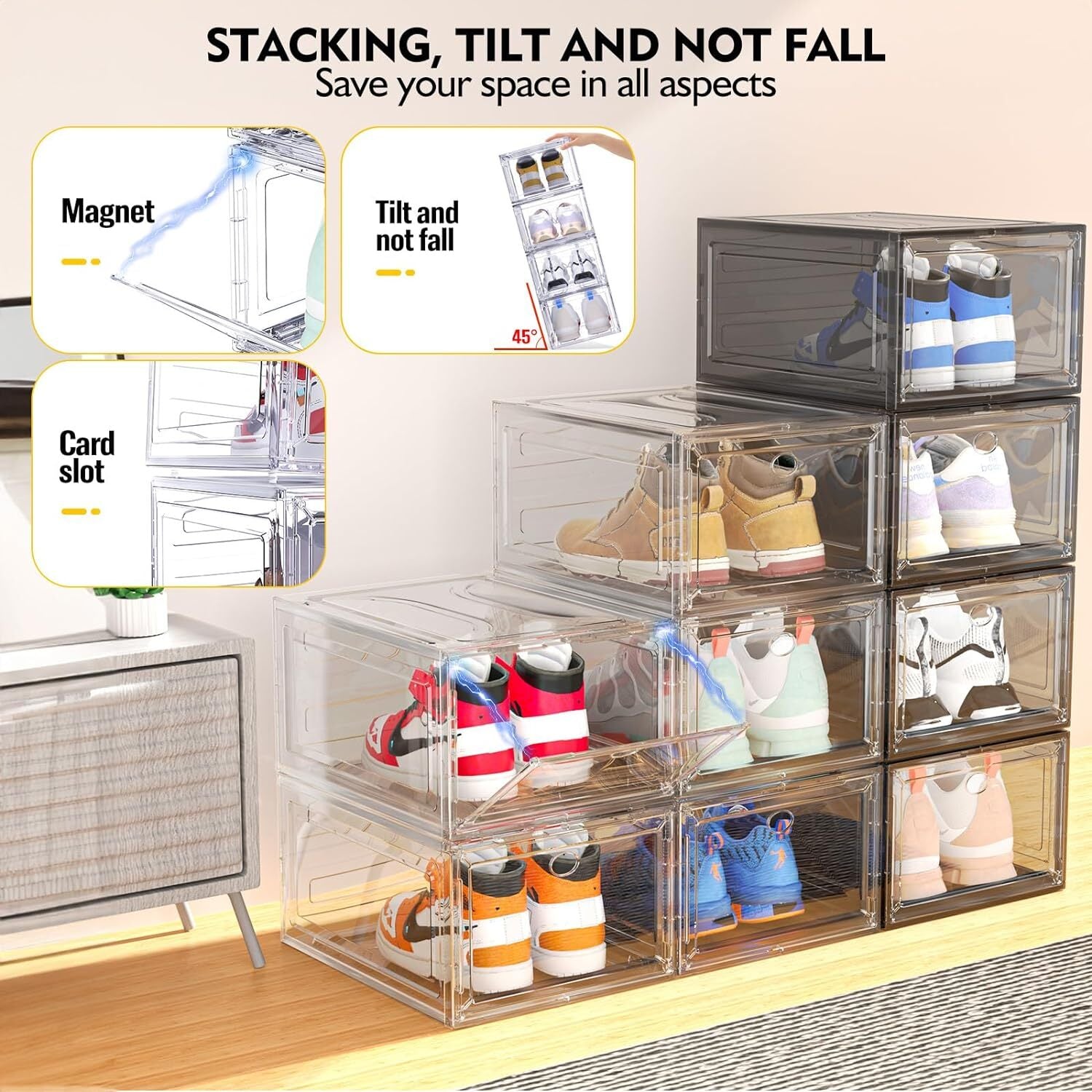 6X Cajas Almacenamiento De Zapatos Organizador Con Puerta Transparente US Nuevo
