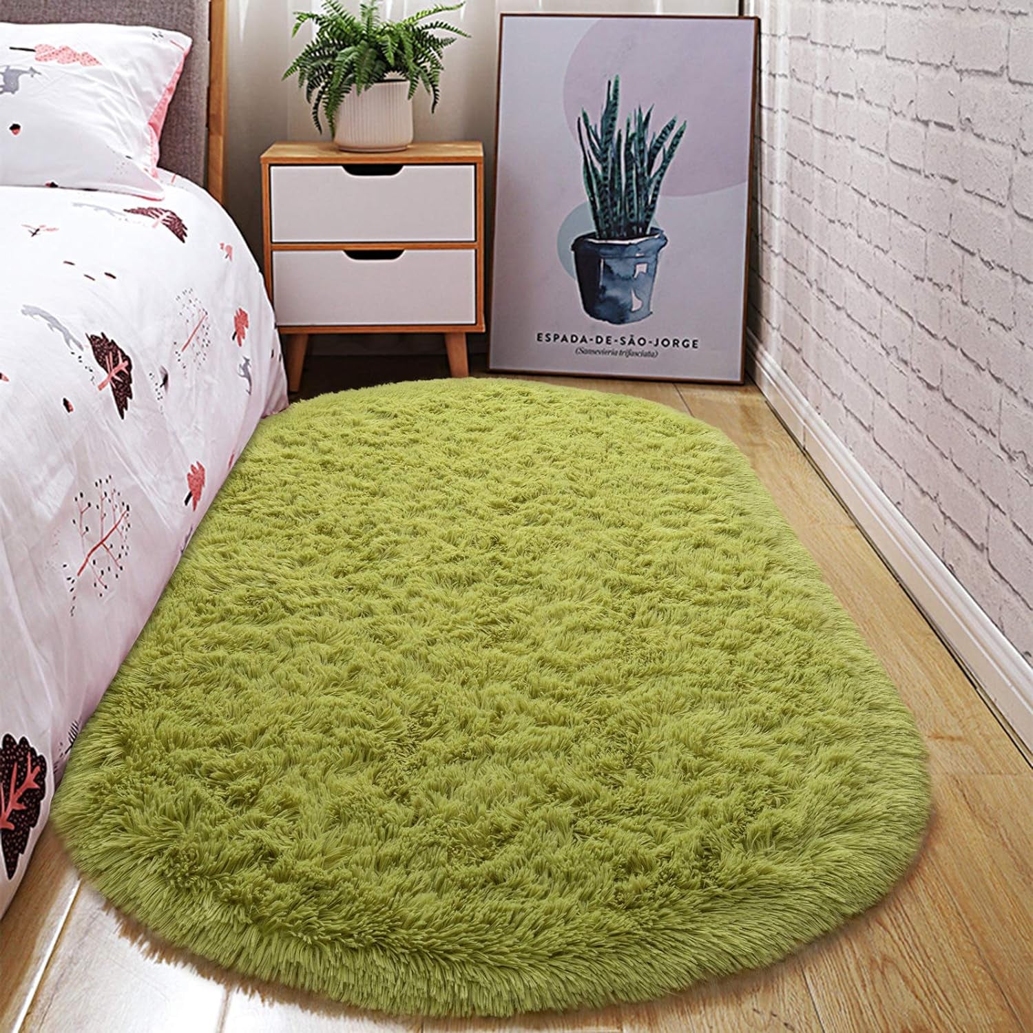 Ultra Soft Washable Shaggy Rug - Non-Slip Oval Carpet for Nursery, Kids Bedroom & Home Decor (2.6X5.3Ft Green) | Plush Fluffy Floor Mat for Cozy Living Spaces