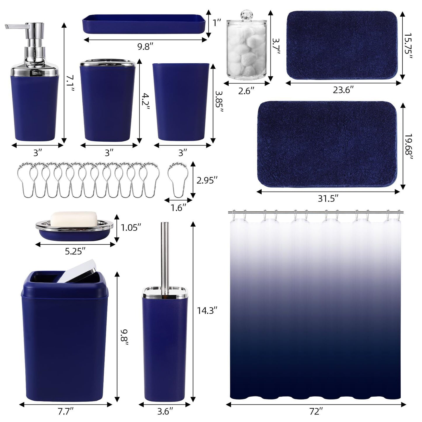 24PC Navy Blue Bathroom Set with Shower Curtain and Rugs, Blue Bathroom Sets ...