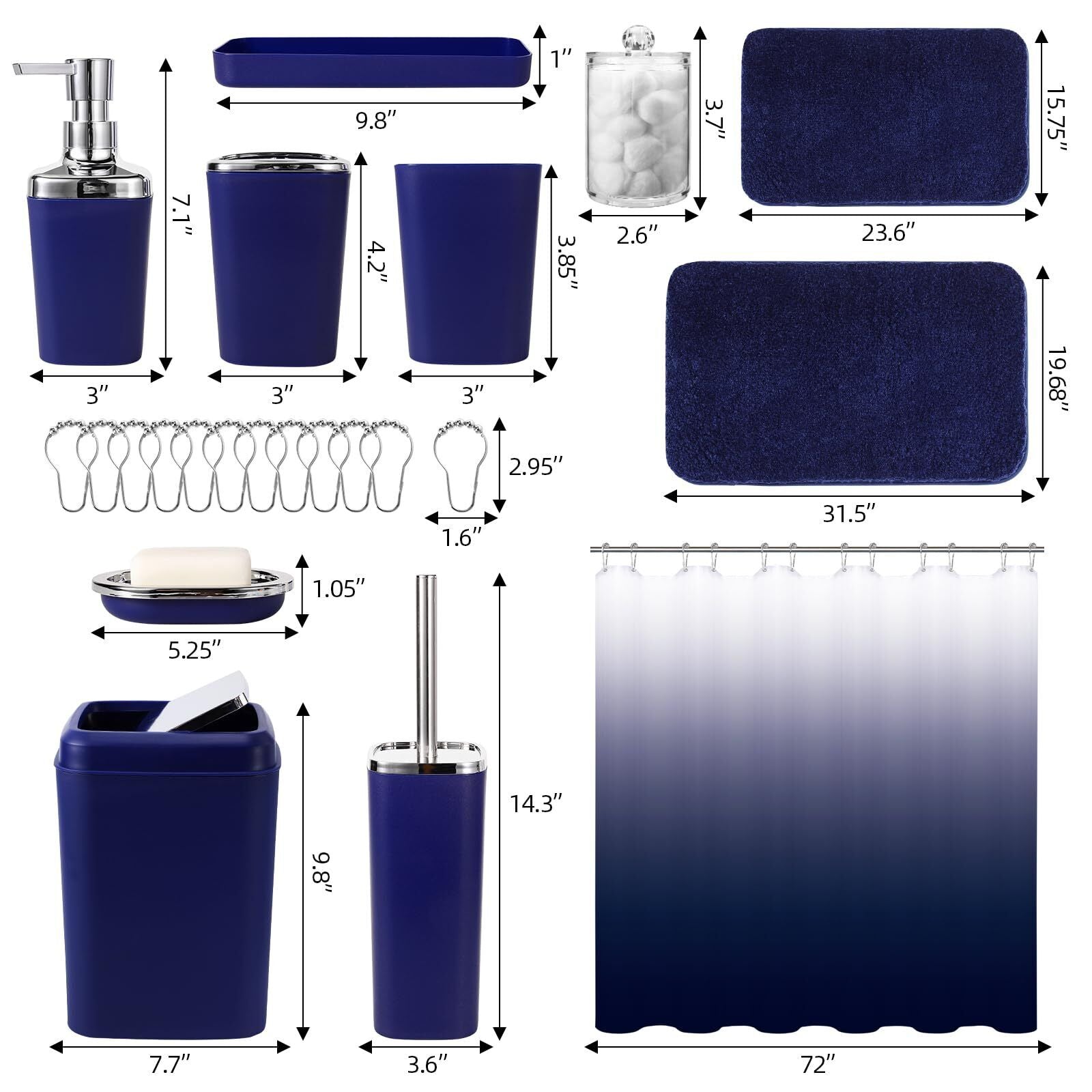 24PC Navy Blue Bathroom Set with Shower Curtain and Rugs, Blue Bathroom Sets ...