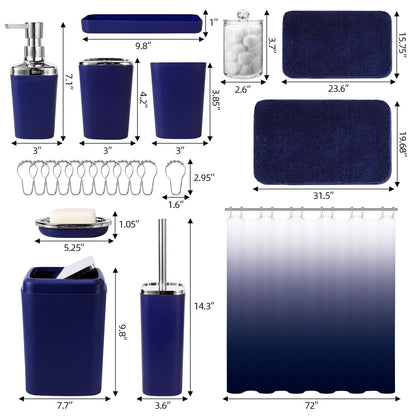 24PC Navy Blue Bathroom Set with Shower Curtain and Rugs, Blue Bathroom Sets ...