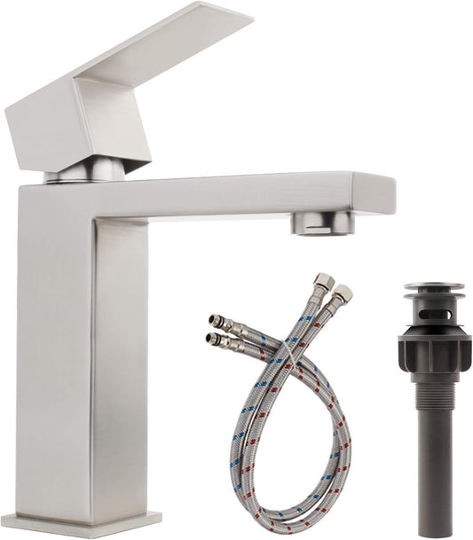 Bathroom Faucet, Modern Bathroom Faucet Brushed Nickel Single Hole Bathroom Sink Faucet, Single Handle Bathroom Faucet with Pop up Drain