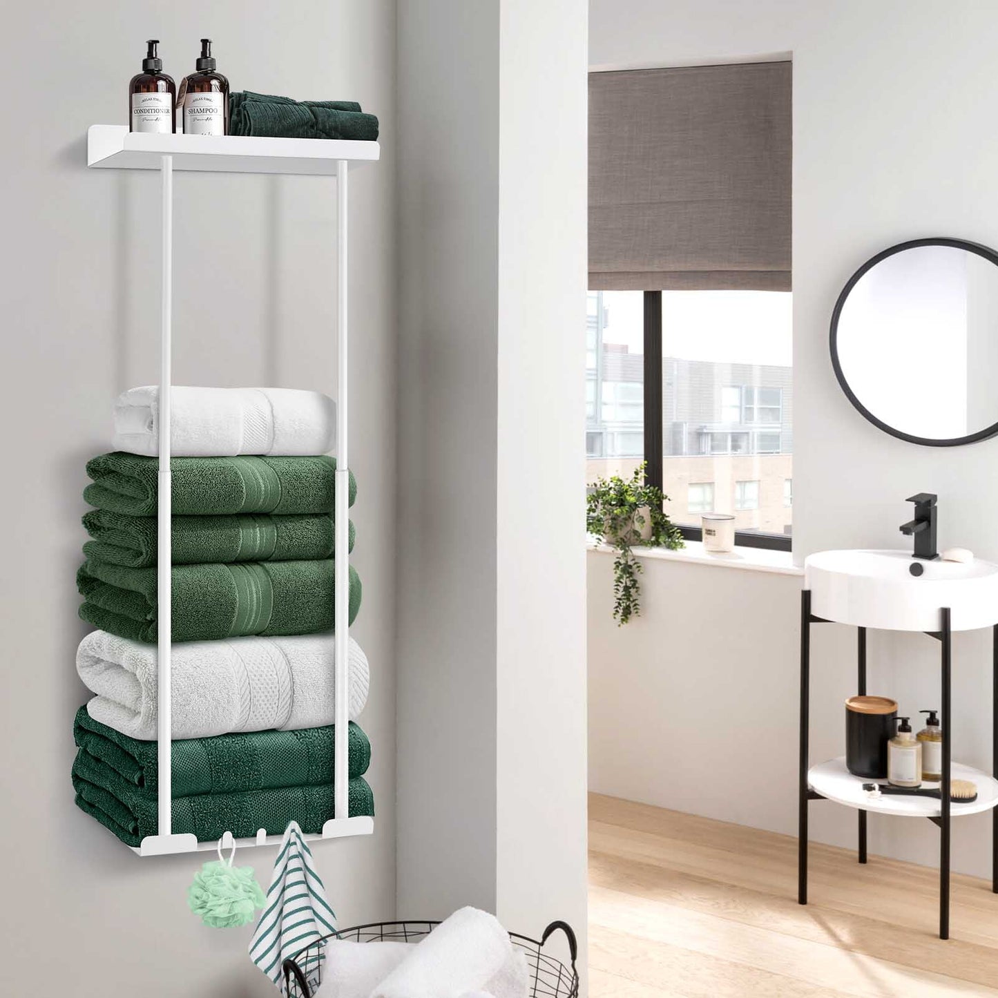 Wall Towel Rack for Rolled Towels, New Upgrade Towel Racks for Bathroom Wall Mounted, Bathroom Bar Towel Storage, Metal Bath Towel Holder for Folded Large Towel Washcloths, White