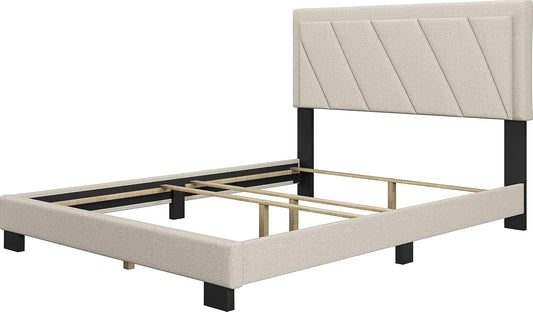 Diagonal King Size, White Linen Upholstered Platform Bed with Adjustable Headboard - Qualified Box Spring or Foundation Required for Use
