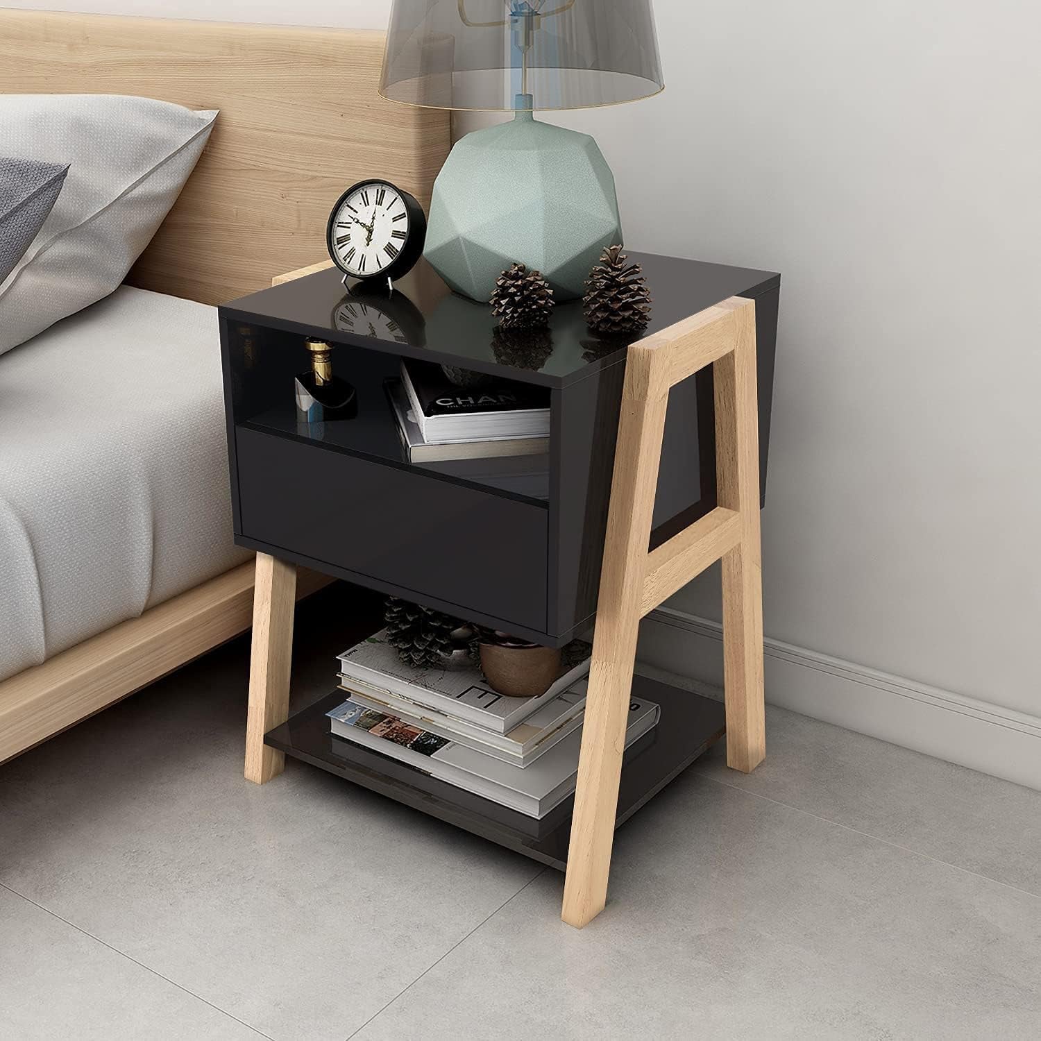 Nightstands Bedroom Set of 2 with Drawer Storage Shelves,Night Stands Side Tables for Living Room/Bedroom/Office,Black
