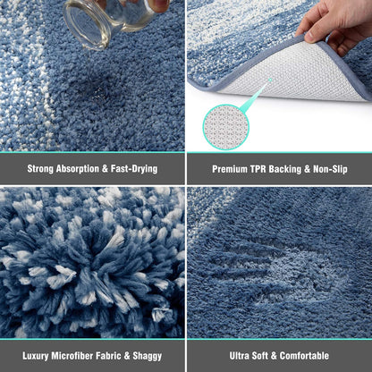3 Piece Bathroom Mats Set, Non Slip Shaggy Microfiber Bath Shower Rugs Set, Plush Absorbent Washable Striped Bath Rugs Runner for Bathroom, Tub and Shower (18''X26''+20''X32''+18''X48'', Blue)