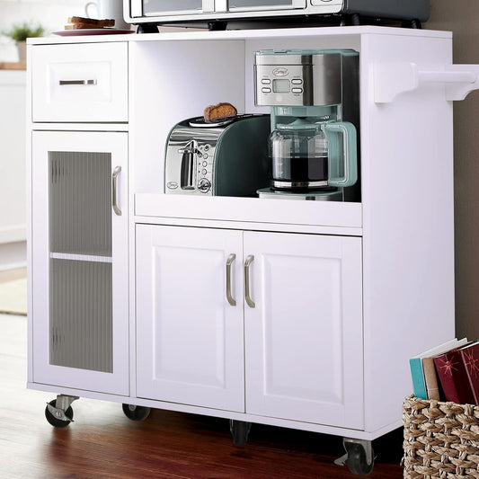 Microwave Stand Cart with Wheels - White Kitchen Island with Microwave Shelf, Rolling Kitchen Cart with Storage
