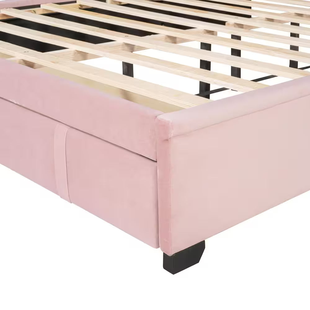 Pink Wood Frame Queen Storage Bed Velvet Upholstered Platform Bed with Wingback Headboard and Drawer