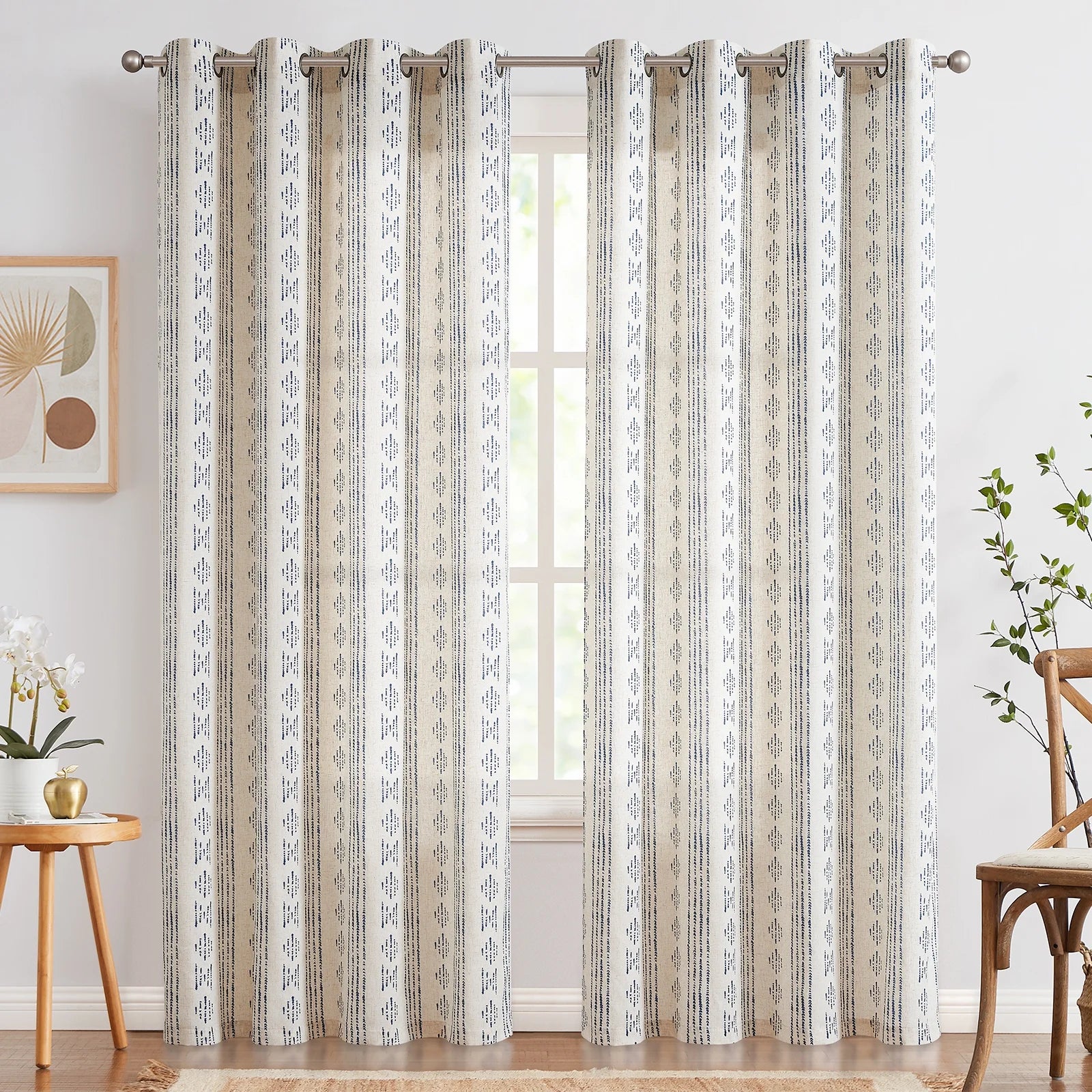Bedroom Curtains 52X96 Inch Curtains Geometric Striped Blue Curtains in 2 Panels Linen Curtains for Bedroom