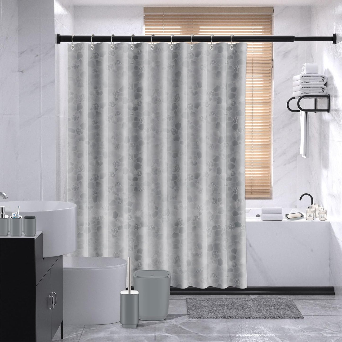 Bathroom Set,22 Piece Bathroom Accessories Set,Grey Shower Curtain,Tray,Soap Dispenser,Toothbrush Holder,Cup,Soap Dish,Toilet Brush,Qtip Holders,Trash Can for Bathroom Décor and Housewarming Gifts