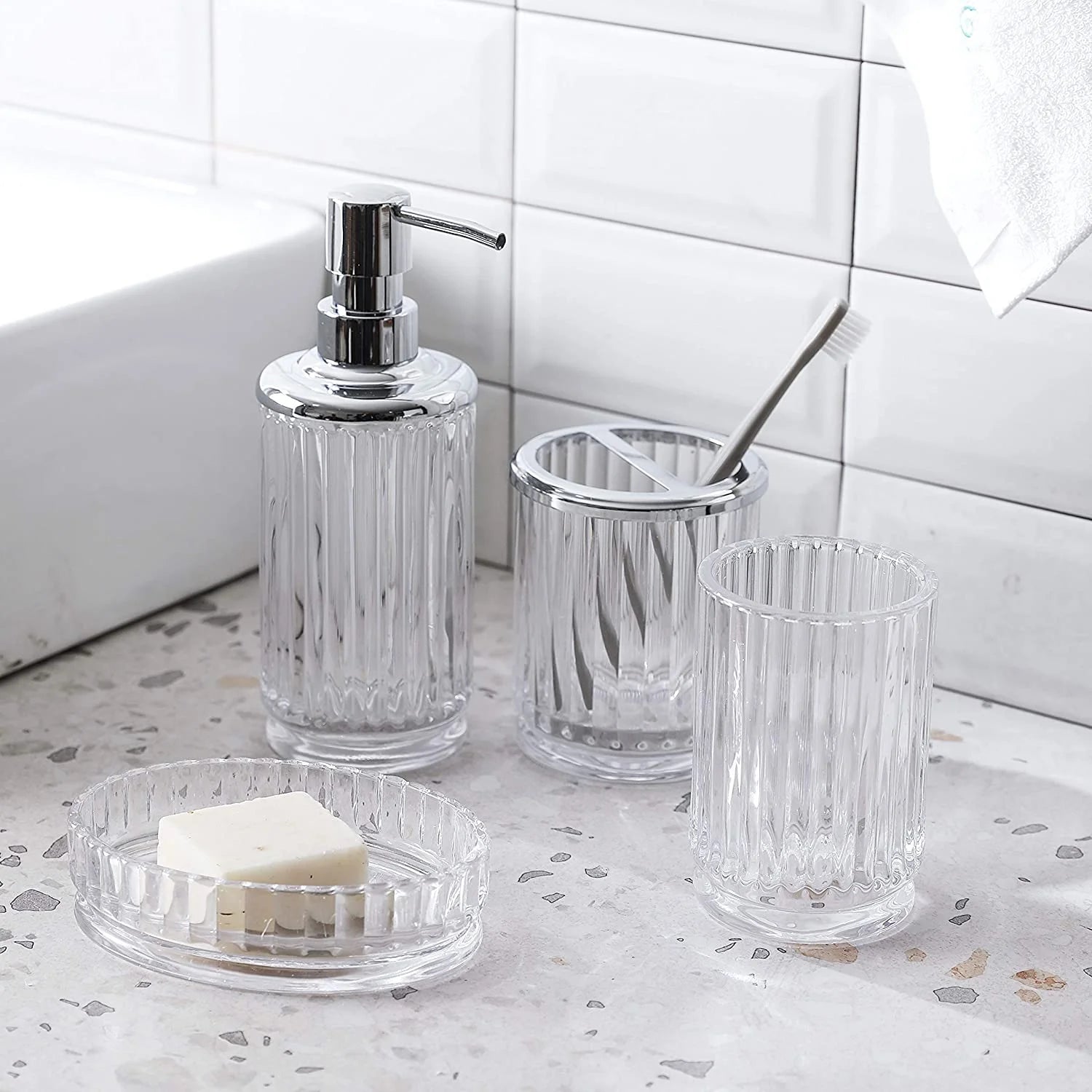 4-Piece Clear Decorative Glass Bathroom Accessories Set Soap