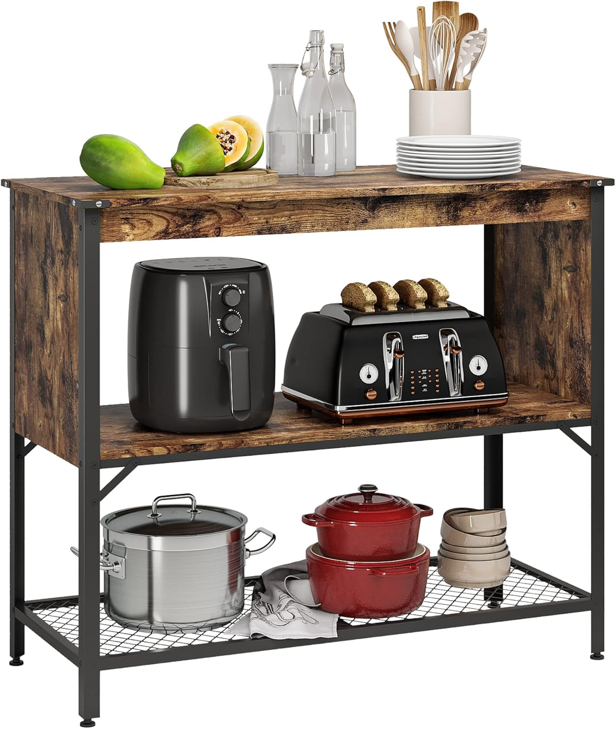 Kitchen Island with Storage Coffee Bar Shelf with Worktop Table Buffet Cabinet Station with Open Shelves Industrial Concole
