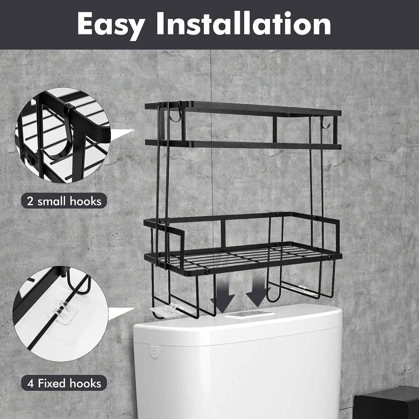 Bathroom over Toilet Storage Shelf, Bathroom Storage, 2 Tier Bathroom Organizer with 4 Hanging Hooks, No Drilling Multipurpose for Bathroom Kitchen (Black)