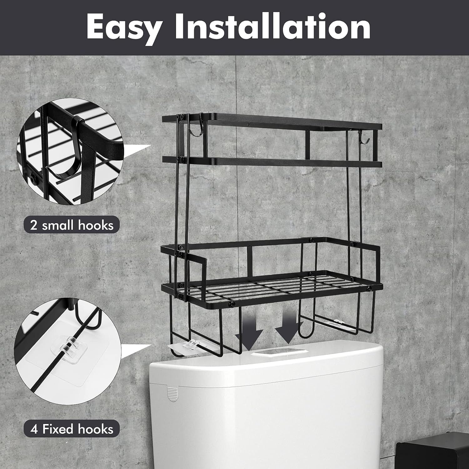 Bathroom over Toilet Storage Shelf, Bathroom Storage, 2 Tier Bathroom Organizer with 4 Hanging Hooks, No Drilling Multipurpose for Bathroom Kitchen (Black)
