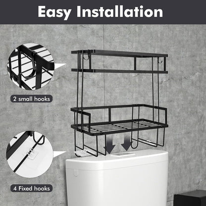 Bathroom over Toilet Storage Shelf, Bathroom Storage, 2 Tier Bathroom Organizer with 4 Hanging Hooks, No Drilling Multipurpose for Bathroom Kitchen (Black)