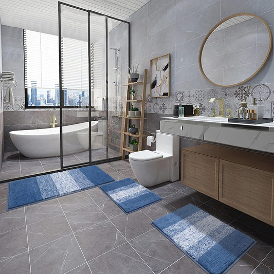 3 Piece Bathroom Mats Set, Non Slip Shaggy Microfiber Bath Shower Rugs Set, Plush Absorbent Washable Striped Bath Rugs Runner for Bathroom, Tub and Shower (18''X26''+20''X32''+18''X48'', Blue)