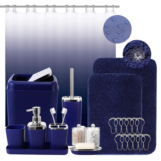 24PC Navy Blue Bathroom Set with Shower Curtain and Rugs, Blue Bathroom Sets ...