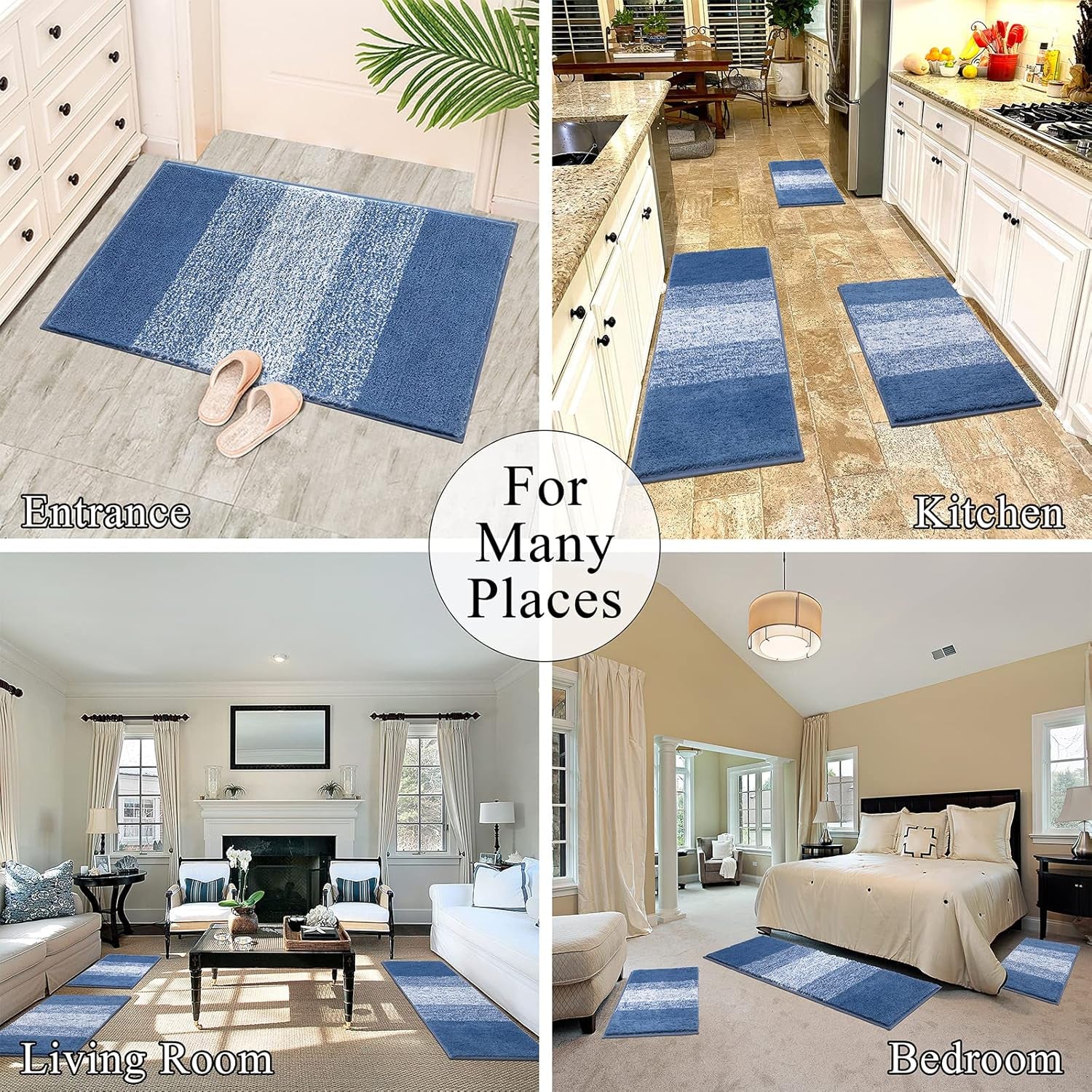 3 Piece Bathroom Mats Set, Non Slip Shaggy Microfiber Bath Shower Rugs Set, Plush Absorbent Washable Striped Bath Rugs Runner for Bathroom, Tub and Shower (18''X26''+20''X32''+18''X48'', Blue)
