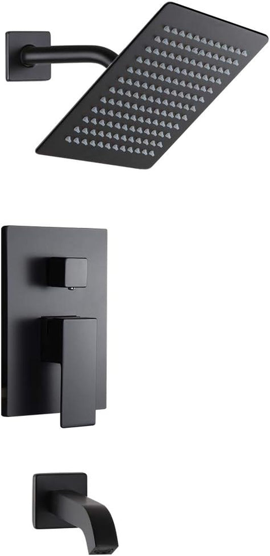 Black Tub and Shower Faucet Set Bathroom Luxury Rain Mixer 8 Inch Shower Head System with Tub Spout Single Handle Tub and Shower Trim Kit with Valve