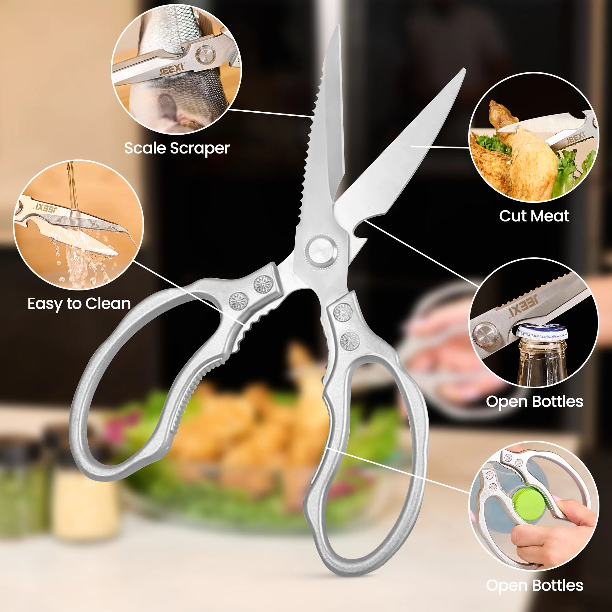 Stainless Steel Kitchen Scissors, Multi-Purpose Forged Kitchen Shears, Heavy Duty Dishwasher Safe Food Scissors, Non Slip Sharp Cooking Scissors for Kitchen, Chicken, Poultry, Fish (Silver)