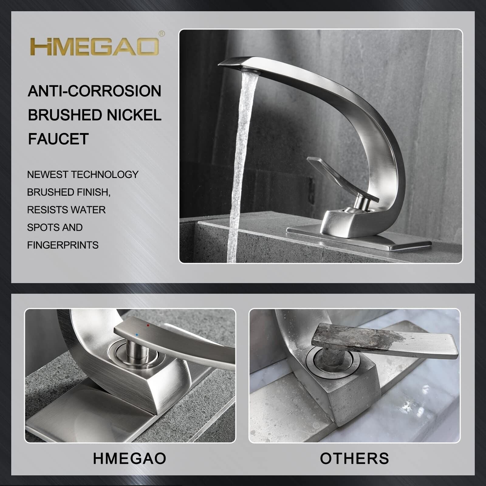 HMEGAO Bathroom Faucet Brushed Nickel Bathroom Sink Faucet Bathroom Faucets F...